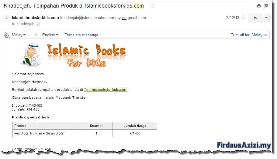 Kedai Online Muslim Niaga akan menghantar emel notifikasi untuk setiap pembelian yang dibuat oleh pembeli