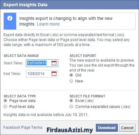 Fungsi Export Data dari Page Insight boleh digunakan untuk mendapatkan maklumat yang lebih detail tentang prestasi page dan juga post anda