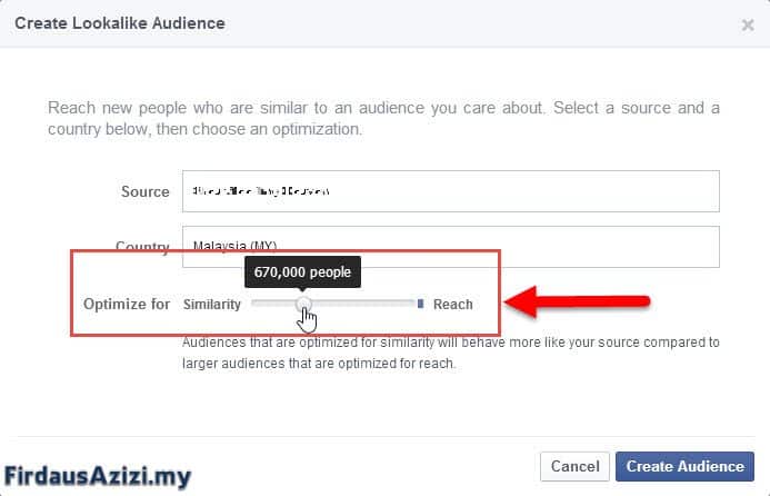 Langkah 6 - Adjust Untuk Similarity atau Reach dan sesuaikan dengan jumlah audience yang anda nak