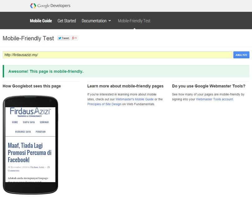 Google Mobile-Friendly Test Untuk Blog FirdausAzizi.my