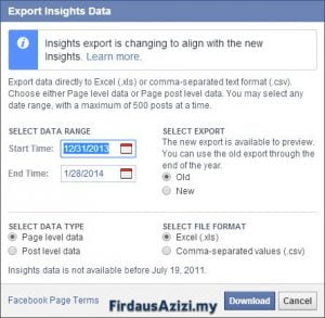 Fungsi Export Data dari Page Insight boleh digunakan untuk mendapatkan maklumat yang lebih detail tentang prestasi page dan juga post anda