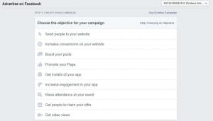 Cara untuk buat iklan di Facebook; step pertama adalah pilih objektif